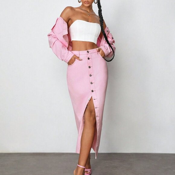 Pink Casual Women's Denim Maxi Skirt - Picture 1 of 7